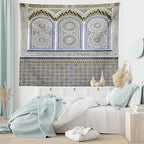 Ambesonne Orient Tapestry King Size, Nostalgic Moroccan Architecture Stone Carving and Motifs Majestic Ottoman Empire, Wall Hanging Bedspread Bed Cover Wall Decor, 104" X 88", Grey Blue