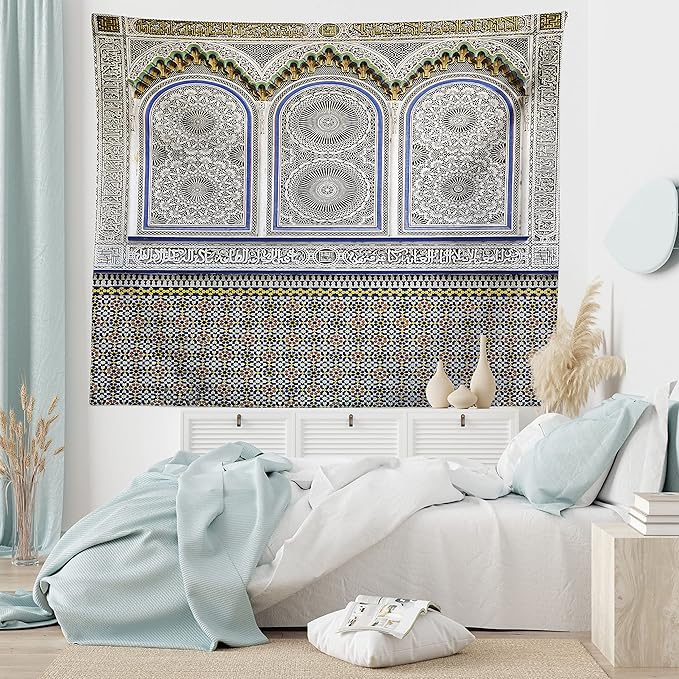 Ambesonne Orient Tapestry King Size, Nostalgic Moroccan Architecture Stone Carving and Motifs Majestic Ottoman Empire, Wall Hanging Bedspread Bed Cover Wall Decor, 104" X 88", Grey Blue