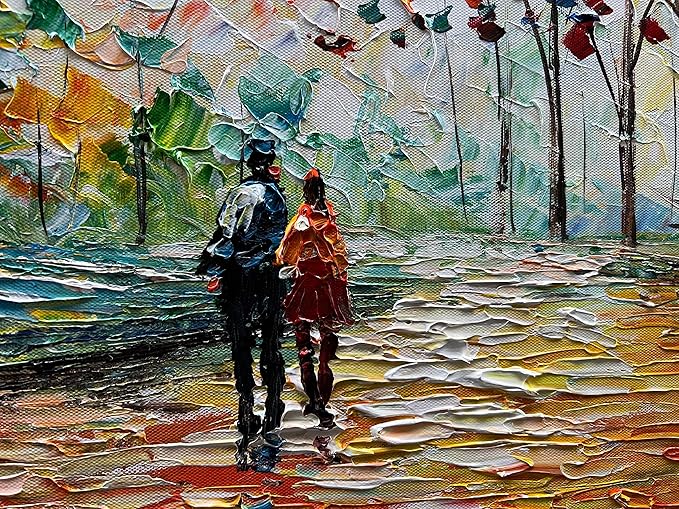 Art 24x48 Inch Hand-Painted Landscape Oil Painting Wall Art Lovers Stroll Along The Park Path Oil Painting Living Room Bedroom Wall Decoration