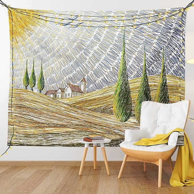 Ambesonne Italian Tapestry Queen Size, Van Gogh Style Italy Valley Rural Fields European Scenery Painting Print, Wall Hanging Bedspread Bed Cover Wall Decor, 88" X 88", Tan Blue Green