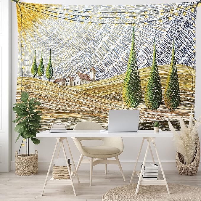 Ambesonne Italian Tapestry King Size, Van Gogh Style Italy Valley Rural Fields European Scenery Painting Print, Wall Hanging Bedspread Bed Cover Wall Decor, 104" X 88", Tan Blue Green