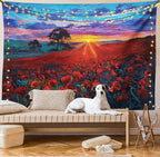 Ambesonne Country Tapestry Queen Size, Clouds at Sunset Paint Scenery of Poppy Flower Garden on Valley with Horizon, Wall Hanging Bedspread Bed Cover Wall Decor, 88" X 88", Burgundy Deep Sky Blue