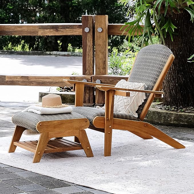 Cambridge Casual Auburn Teak Outdoor Ottoman, All Weather Padded Woven Seat
