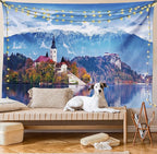 Ambesonne Landscape Tapestry, Photo of Bled in Slovenia with Lake Snowy Mountains and a Castle Pastoral Scenery, Fabric Wall Hanging Decor for Bedroom Living Room Dorm, 23" X 28", Blue Lavender