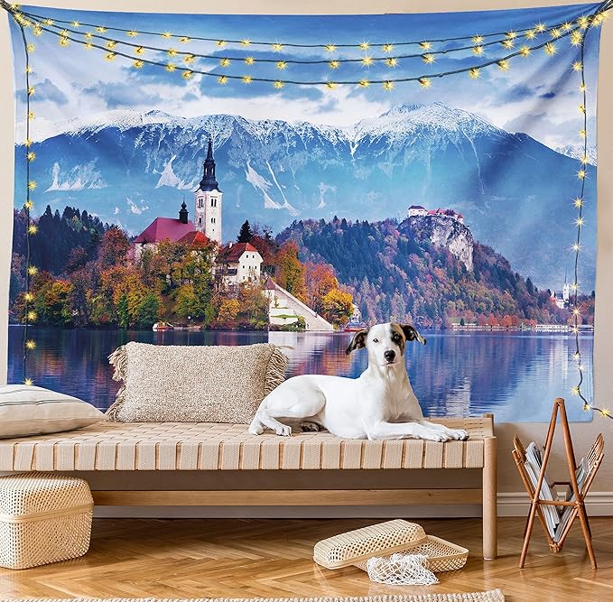 Ambesonne Landscape Tapestry Twin Size, Photo of Bled in Slovenia with Lake Snowy Mountains and a Castle Pastoral Scenery, Wall Hanging Bedspread Bed Cover Wall Decor, 68" X 88", Blue Lavender