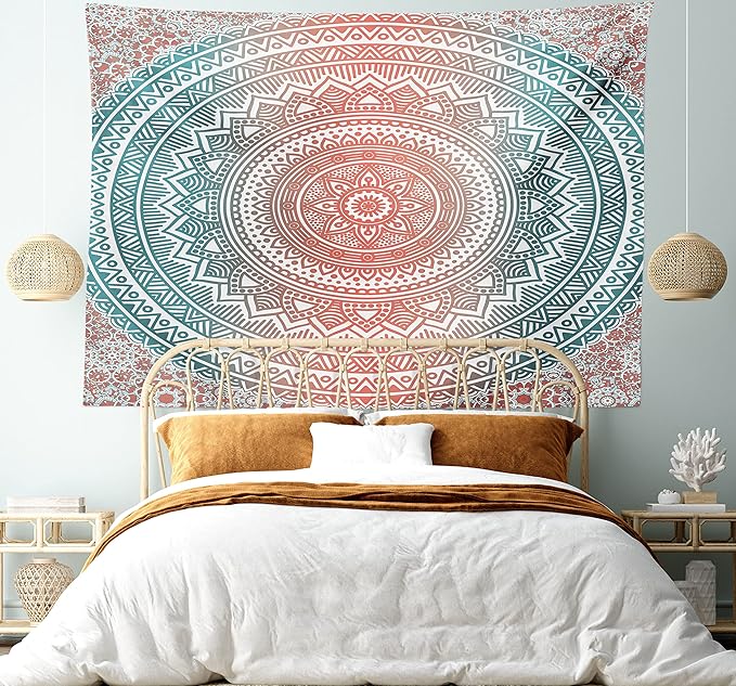 Ambesonne Teal and Coral Tapestry, Ombre Mandala Art Antique Gypsy Folk Pattern Cosmos Image, Fabric Wall Hanging Decor for Bedroom Living Room Dorm, 28" X 23", Teal Coral