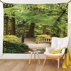 Ambesonne Japanese Tapestry, Wooden Bridge over Pond in Garden Calmness in Shadow of Trees Serenity in Nature, Fabric Wall Hanging Decor for Bedroom Living Room Dorm, 28" X 23", Green Brown
