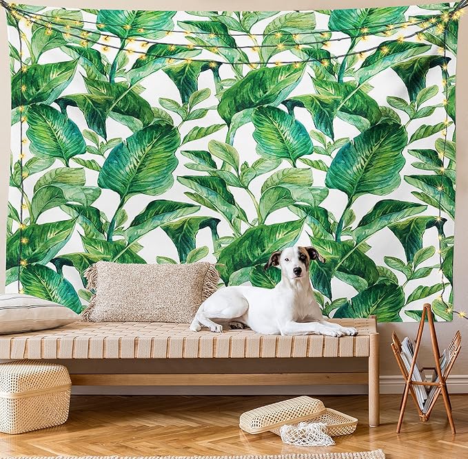 Ambesonne Leaf Tapestry King Size, Romantic Holiday Island Hawaiian Banana Trees Watercolored Image, Wall Hanging Bedspread Bed Cover Wall Decor, 104" X 88", Forest Green