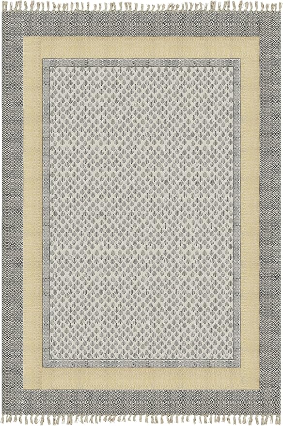 Kilim Rug 9x12 Area Rug Beige & Black Cotton Dhurrie Oriental Thick 0.19 inches Stone Easy Washable Rug Hand Wash Cotton Carpet Flatweave Rug Indoor Outdoor Rugs for Living Room, Bedroom