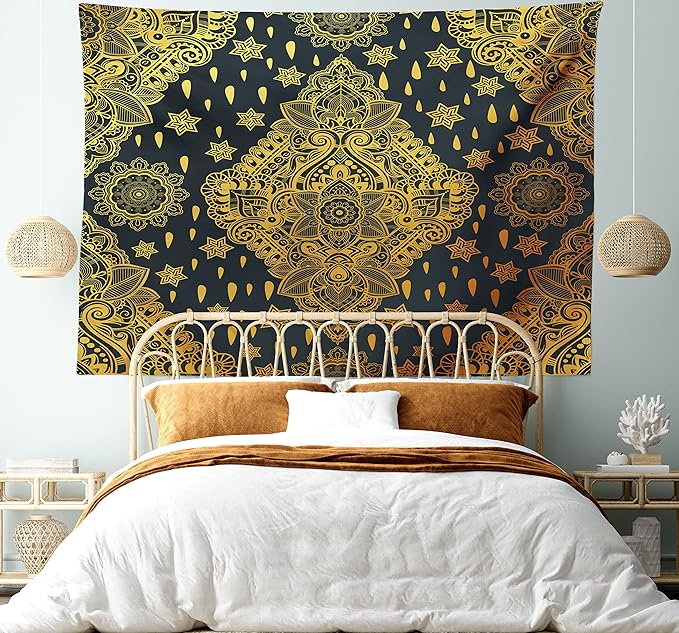 Ambesonne Mandala Tapestry Queen Size, Bohemian Paisley Ornament Tattoo Vintage Design Print, Wall Hanging Bedspread Bed Cover Wall Decor, 88" X 88", Charcoal Grey