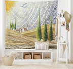 Ambesonne Italian Tapestry King Size, Van Gogh Style Italy Valley Rural Fields European Scenery Painting Print, Wall Hanging Bedspread Bed Cover Wall Decor, 104" X 88", Tan Blue Green