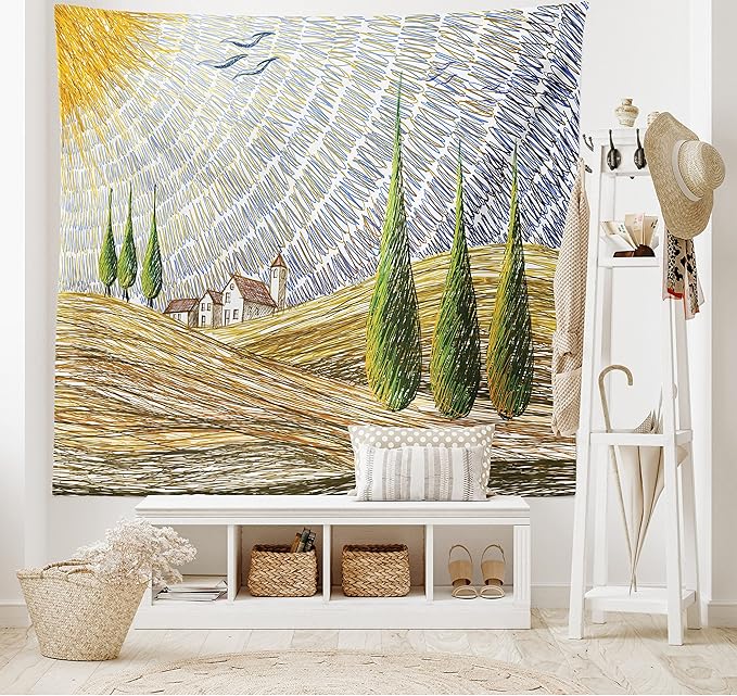 Ambesonne Italian Tapestry King Size, Van Gogh Style Italy Valley Rural Fields European Scenery Painting Print, Wall Hanging Bedspread Bed Cover Wall Decor, 104" X 88", Tan Blue Green