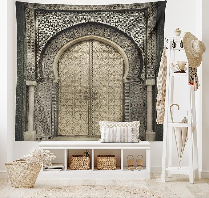 Ambesonne Moroccan Tapestry, Aged Door Geometric Pattern Doorway Design Entrance Architectural Oriental Style, Wide Wall Hanging for Bedroom Living Room Dorm, 60" X 40", Sepia Black