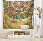 Ambesonne Grunge Tapestry King Size, Paisley Like Mandala Motif with Flowers Leaves and Buds Image, Wall Hanging Bedspread Bed Cover Wall Decor, 104" X 88", Dark Mustard Sepia