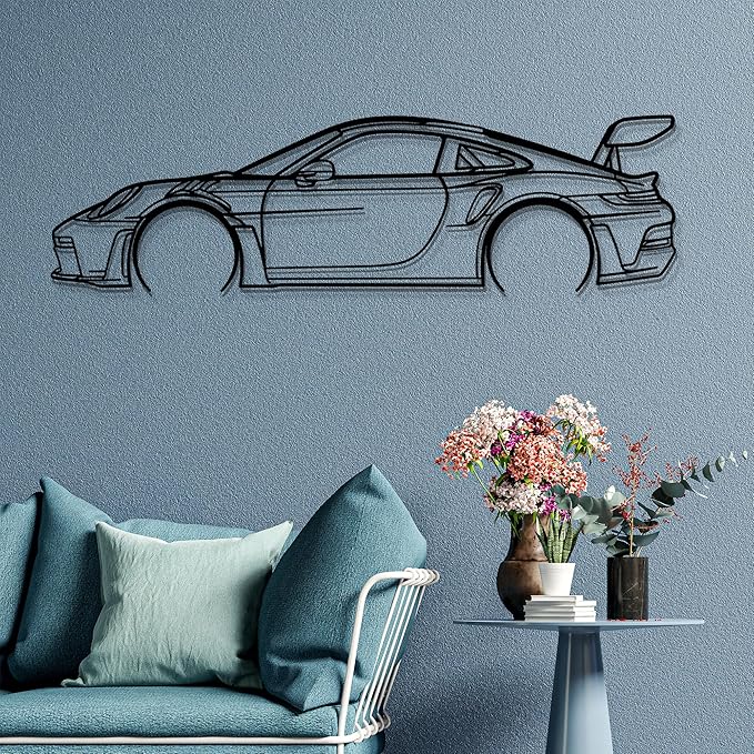Dekory Car Wall Art – 911 GT3 RS (992) Black Metal Sports Car Silhouette, Modern Industrial Automotive Wall Decor for Garage, Living Room or Bedroom – 48 Inch (XL)