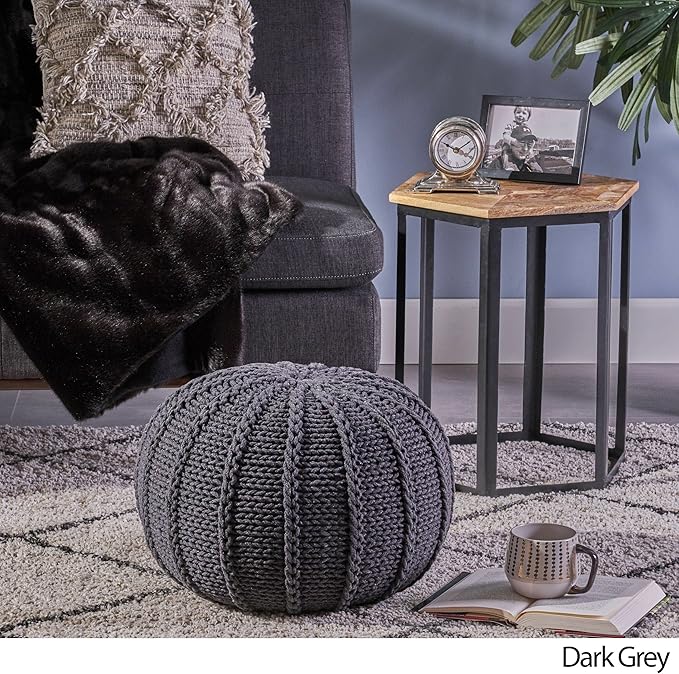 Christopher Knight Home Agatha Knitted Cotton Pouf, Dark Grey Small
