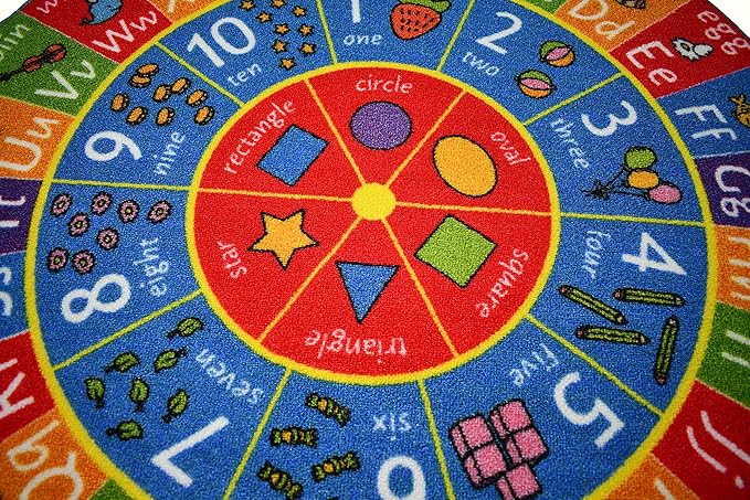 KC Cubs 3x3 ABC Alphabet, Numbers & Shapes Rug – Educational Non-Slip Play Mat Carpet for Kids, Toddlers, Nursery, Classroom, Playroom, Baby Daycare (Round)