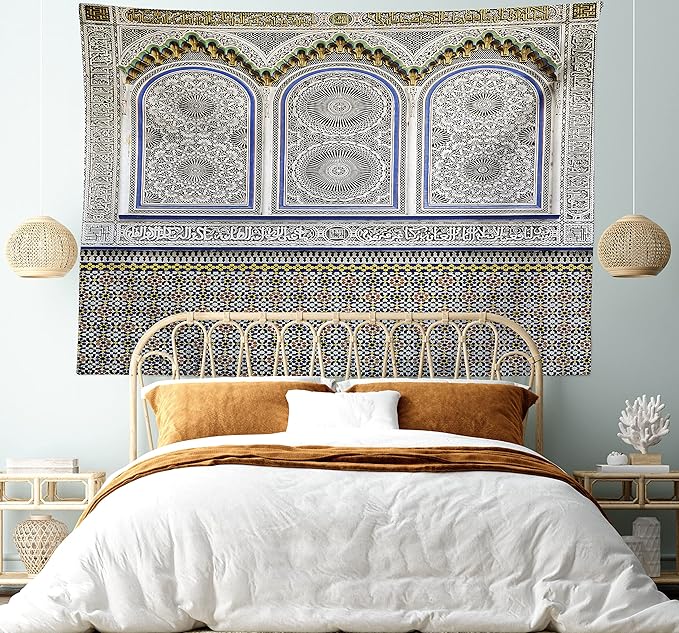 Ambesonne Orient Tapestry King Size, Nostalgic Moroccan Architecture Stone Carving and Motifs Majestic Ottoman Empire, Wall Hanging Bedspread Bed Cover Wall Decor, 104" X 88", Grey Blue