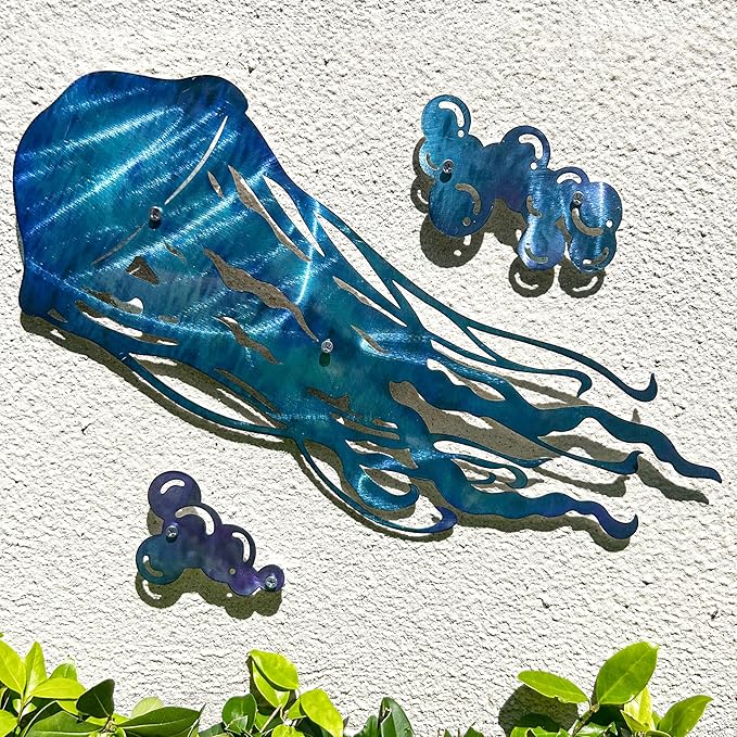 LiveInUrban Coastal Wall Art Jellyfish Metal Wall Sculptures, Ocean Beach Themed Metal Hanging Home Decoration 3PCS 15.5"x11.8"