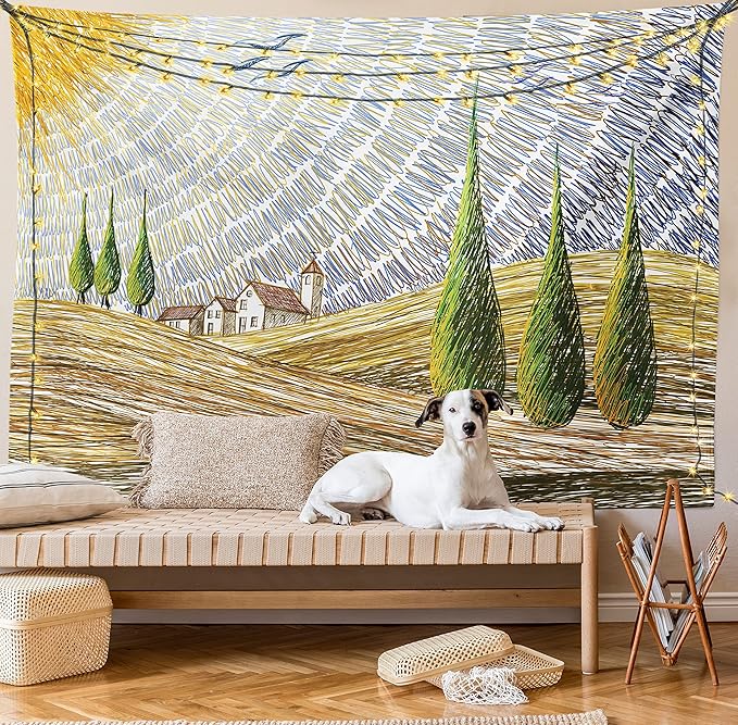 Ambesonne Italian Tapestry Twin Size, Van Gogh Style Italy Valley Rural Fields European Scenery Painting Print, Wall Hanging Bedspread Bed Cover Wall Decor, 68" X 88", Tan Blue Green