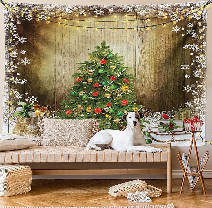Ambesonne Christmas Tapestry, Pine Tree with Present Boxes on Snowy Board Xmas at Countryside Theme, Fabric Wall Hanging Decor for Bedroom Living Room Dorm, 30" X 45", Green Brown