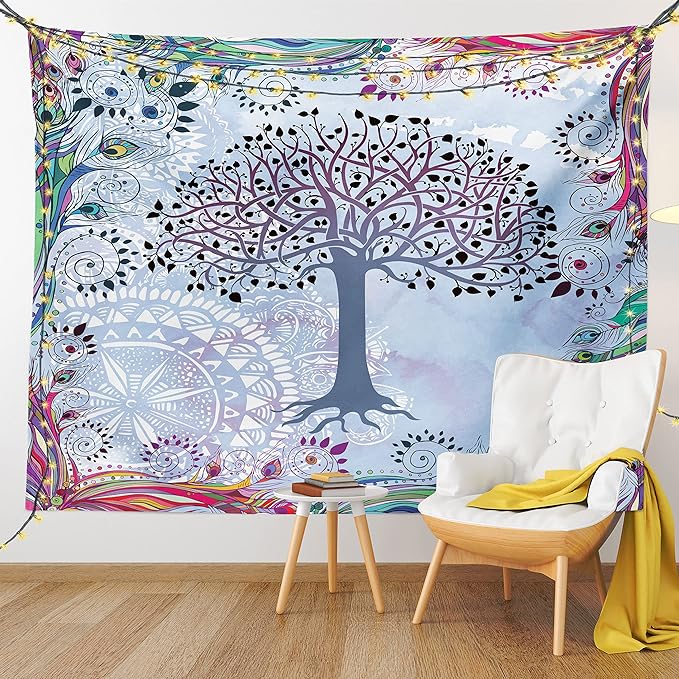 Ambesonne Nature Tapestry, Tree of Life Motif Peacock Feathers Tribal Vintage Prehistoric Flora Illustration, Wall Hanging for Bedroom Living Room Dorm Decor, 60" X 80", Blue