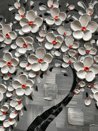 3D Cherry Blossom Tree Canvas Wall Art, White Flowers on Gray, Modern Floral Painting, 30x30 inches