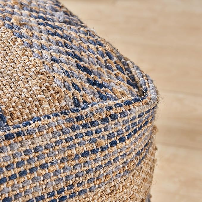 Christopher Knight Home Lola Boho Hemp and Wool Pouf, Natural and Blue