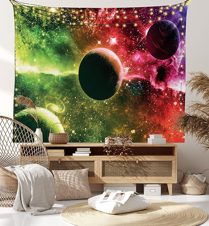 Ambesonne Psychedelic Tapestry, Space Universe Cosmos Galaxy Nebula Stars and Planets in Trippy Tones Image, Fabric Wall Hanging Decor for Bedroom Living Room Dorm, 28" X 23", Magenta Green