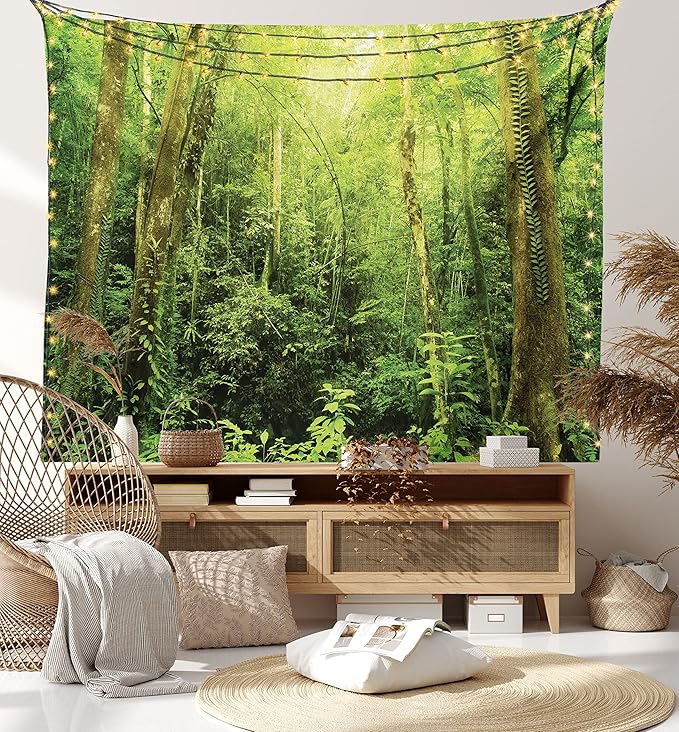 Ambesonne Rainforest Tapestry, Tropical Rainforest Landscape Malaysia Asia Green Tree Trunks Uncultivated Wood Print, Fabric Wall Hanging Decor for Bedroom Living Room Dorm, 45" X 30", Green Yellow