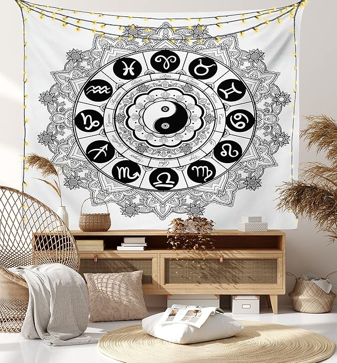 Ambesonne Ying Yang Tapestry, Round Zodiac Theme Design in Centre Astrology Signs Print, Fabric Wall Hanging Decor for Bedroom Living Room Dorm, 28" X 23", White Black