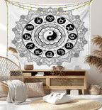 Ambesonne Ying Yang Tapestry, Round Zodiac Theme Design in Centre Astrology Signs Print, Fabric Wall Hanging Decor for Bedroom Living Room Dorm, 28" X 23", White Black