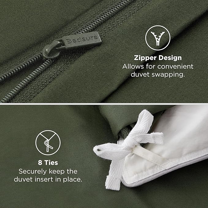Bedsure 100% Rayon Derived from Bamboo Duvet Cover Queen Size - Lightweight Silky Cooling Comforter Cover Set for Hot Sleepers, Breathable & Moisture-Wicking Bedding Set, Olive Green