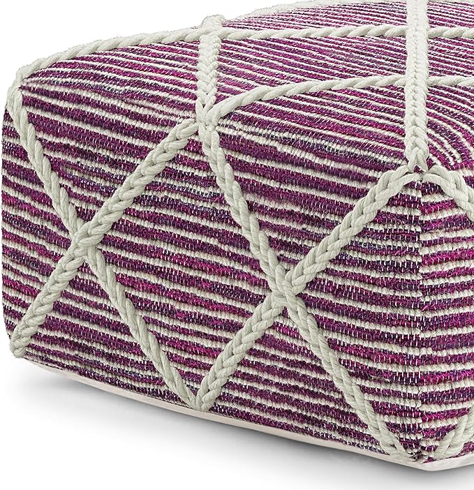 SIMPLIHOME Cowan Contemporary Square Pouf in Magenta and Natural Handloom Woven for the Living Room, Bedroom and Kids Room