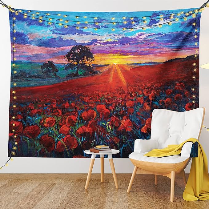 Ambesonne Country Tapestry Twin Size, Clouds at Sunset Paint Scenery of Poppy Flower Garden on Valley with Horizon, Wall Hanging Bedspread Bed Cover Wall Decor, 68" X 88", Burgundy Deep Sky Blue