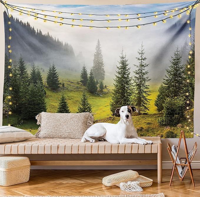 Ambesonne Forest Tapestry Twin Size, Fir Trees on Meadow Between Hillsides Conifer Woodland in Fog Before Sunrise, Wall Hanging Bedspread Bed Cover Wall Decor, 68" X 88", Gray Green
