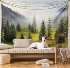 Ambesonne Forest Tapestry, Fir Trees on Meadow Between Hillsides Conifer Woodland in Fog Before Sunrise, Fabric Wall Hanging Decor for Bedroom Living Room Dorm, 23" X 28", Gray Green