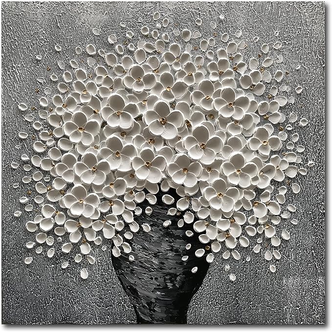 100% Hand-Painted White Flower Art Oil Painting, Modern Home Furnishing Canvas Painting Decoration, 3D Abstract Mural Painting,24x24 inch Frame Wall Art Hanging