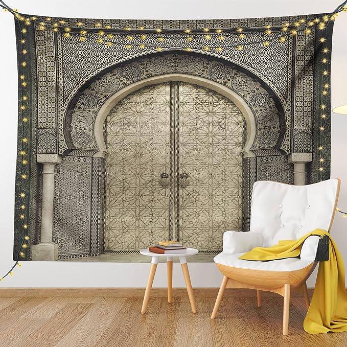 Ambesonne Moroccan Tapestry King Size, Aged Door Geometric Pattern Doorway Design Entrance Architectural Oriental Style, Wall Hanging Bedspread Bed Cover Wall Decor, 88" X 88", Sepia Black