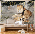 Ambesonne Zoo Tapestry, Male and Female Lions Basking in The Sun Wild Cats Habitat King of Jungle, Fabric Wall Hanging Decor for Bedroom Living Room Dorm, 30" X 45", Pale Brown Grey Yellow