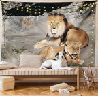 Ambesonne Zoo Tapestry, Male and Female Lions Basking in The Sun Wild Cats Habitat King of Jungle, Fabric Wall Hanging Decor for Bedroom Living Room Dorm, 23" X 28", Pale Brown Grey Yellow