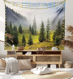 Ambesonne Forest Tapestry King Size, Fir Trees on Meadow Between Hillsides Conifer Woodland in Fog Before Sunrise, Wall Hanging Bedspread Bed Cover Wall Decor, 104" X 88", Gray Green