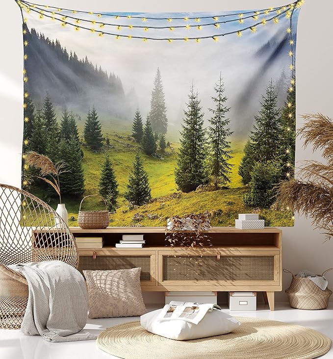 Ambesonne Forest Tapestry King Size, Fir Trees on Meadow Between Hillsides Conifer Woodland in Fog Before Sunrise, Wall Hanging Bedspread Bed Cover Wall Decor, 104" X 88", Gray Green