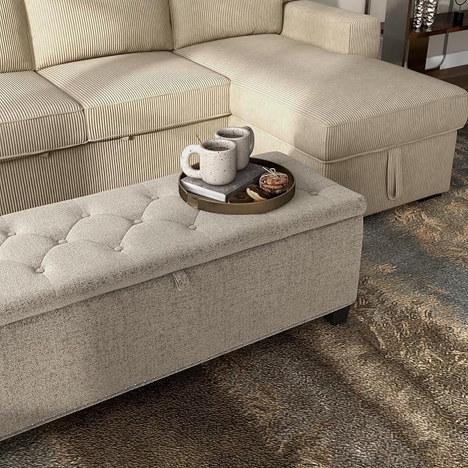 24/7 Shop at Home Sacallant Modern Linen Storage Bench with Button-Tufted Lift-Top, Upholstered Footstool, Rectangular Ottoman for Living Room, Bedroom, Entryway, Light Brown