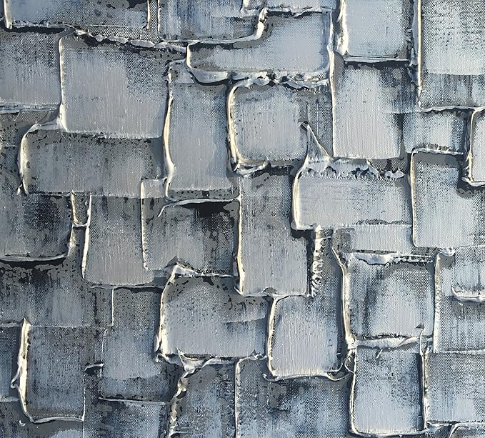MyArton Textured Abstract Squares Canvas Wall Art Hand Painted Modern Silver Oil Painting Picture for Home Decoration Ready to Hang 40x20inch