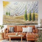 Ambesonne Italian Tapestry King Size, Van Gogh Style Italy Valley Rural Fields European Scenery Painting Print, Wall Hanging Bedspread Bed Cover Wall Decor, 104" X 88", Tan Blue Green