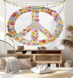 Ambesonne Groovy Tapestry King Size, Floral Peace Sign Summer Spring Blooms Love Happiness Themed Illustration Print, Wall Hanging Bedspread Bed Cover Wall Decor, 104" X 88", Red White