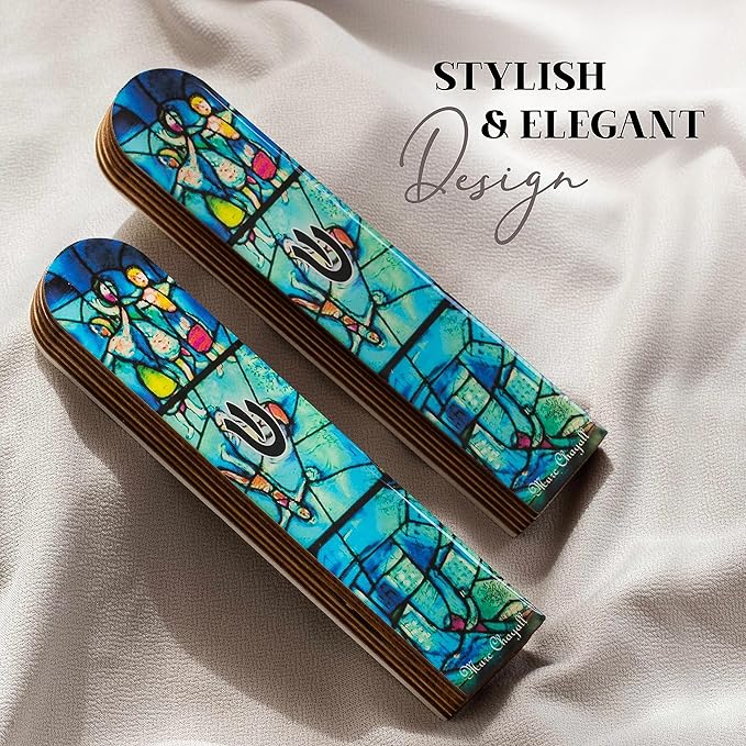 SURI Wooden Mezuzah for Door – 5 Inch Contemporary Turquoise Chagall-Inspired Mezuzzah Case with Printed Scroll, Self-Stick Adhesive, Fits a 4 Inch Scroll, Gift Box Include