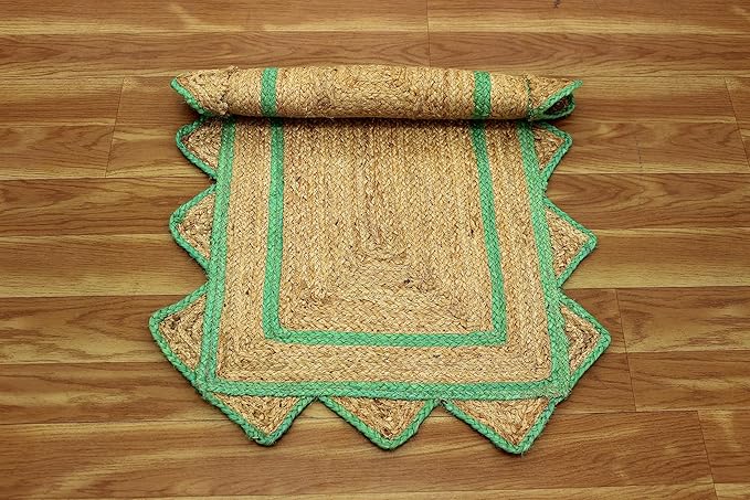 Scalloped Edge Rug, Hand Woven Natural Jute Area Rug, 3x5 Ft Beige & Green Braided Sisal Kilim Rugs for Living Room, Kitchen, Entryway, Farmhouse