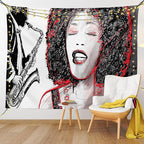 Ambesonne African Tapestry, Afro Lady Singing a Jazz Song with Saxophone Player Silhouette Vintage Design, Fabric Wall Hanging Decor for Bedroom Living Room Dorm, 28" X 23", Black Pale Grey